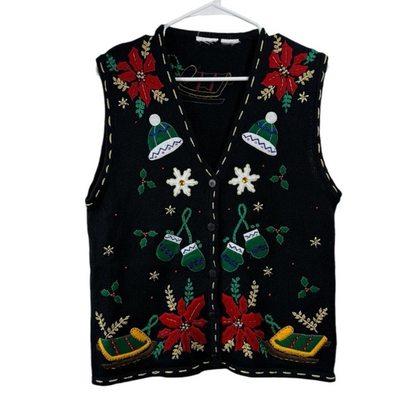 Vintage Sweaters - Vintage 90s Size S/M Sweater Vest Christmas Poinsettias Hat Gloves Sled Winter